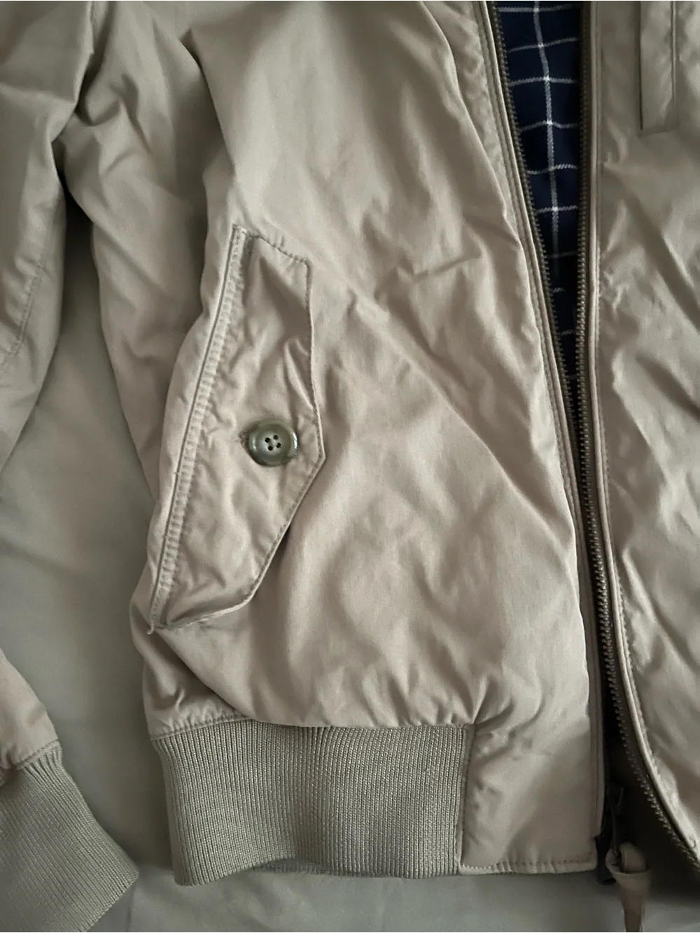 J. Crew Light Beige Bomber Jacket with Plaid Lining